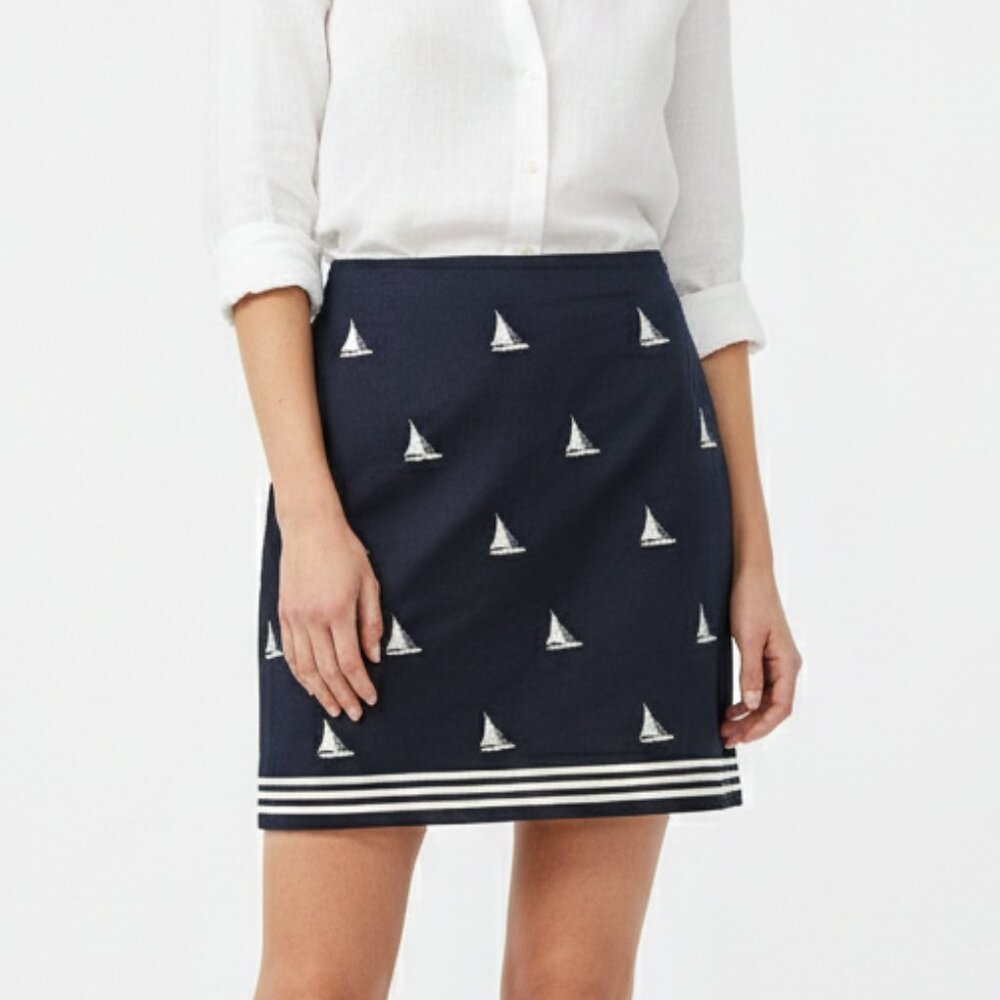 Talbots Navy A-Line Skirt with White Sailboat Pattern